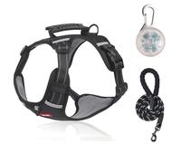 Exclent Arnés reflectante para perro con correa, amarillo, correa de pecho de malla ajustable, diseño antideslizante para perros pequeños y medianos, seguridad nocturna (negro)