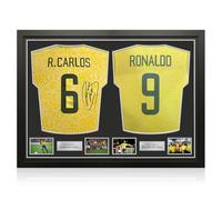 Exclusive Memorabilia Camisetas de Brasil firmadas por Roberto Carlos y Ronaldo. Enmarcadas.