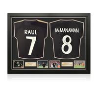 Exclusive Memorabilia Camisetas de visitante del Real Madrid firmadas por Raúl y Steve McManaman. Enmarcadas.