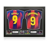 Exclusive Memorabilia Camisetas del Barcelona firmadas por Luis Suárez y Robert Lewandowski. Enmarcadas.