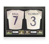 Exclusive Memorabilia Camisetas del Real Madrid 1999-2000 firmadas por Raúl y Roberto Carlos. Enmarcadas.