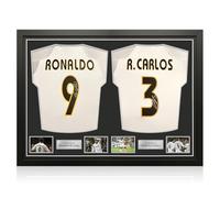 Exclusive Memorabilia Camisetas del Real Madrid 2004-05 firmadas por Roberto Carlos y Ronaldo. Enmarcadas.
