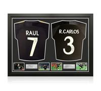 Exclusive Memorabilia Camisetas Negras del Real Madrid 1999-2000 firmadas por Raúl y Roberto Carlos. Enmarcadas.
