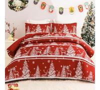Exclusivo Mezcla Edredón Navideño sin Funda, Manta de Dormir Acolchada, Cálida y Suave con 2 Fundas de Almohada, Diseño Impreso Rojo, con Motivos Rayados de Árboles y Copos de Nieve, 200x200 cm