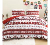 Exclusivo Mezcla Edredón Navideño sin Funda, Manta de Dormir Acolchada, Cálida y Suave con 2 Fundas de Almohada, Diseño Rayado Rojo con Renos y Copos de Nieve, 220x230 cm
