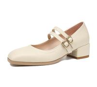EXECAB Mujeres Chunky Block Tacón bajo Punta Cuadrada Mary-Jane Pumps Zapato de Corte Slip-on Vestido clásico Boda 5 cm Tacones Zapatos,Beige,37 EU