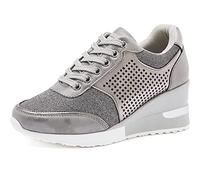 EXECAB Zapatillas de Deporte con cuña para Mujer, Zapatillas con Cordones de tacón de 3,15 ", Zapatos de Plataforma de tacón Oculto Antideslizantes, Zapatos de Boda para Caminar,Gris,35