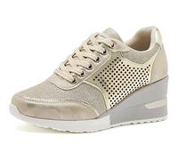 EXECAB Zapatillas de Deporte con cuña para Mujer, Zapatillas con Cordones de tacón de 3,15 ", Zapatos de Plataforma de tacón Oculto Antideslizantes, Zapatos de Boda para Caminar,Oro,36