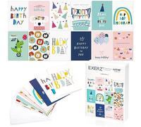 Exerz Paquete múltiple de 24 tarjetas de felicitación surtidas para cumpleaños - 12 diseños x2 tarjetas de feliz cumpleaños. Adecuado para niños y adultos, niños y niñas.