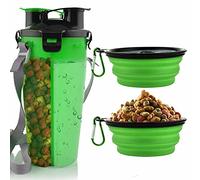 EXFEA Botella de Agua para Perros Portátil Con Envase de Comida y 2 Tazones Plegables - Para Gatos y Mascotas - Ideal para Aire Libre, Caminar, Viajar (Verde)