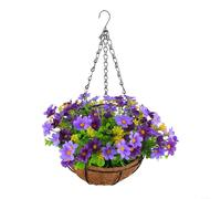 Exhibición colorida de flores falsas en cestas colgantes para fines decorativos en interiores o exteriores (I)