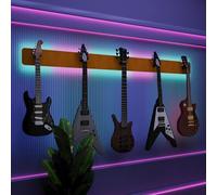 Exhibidor de pared iluminado con LED para múltiples guitarras eléctricas, bajos y acústicas | Vitrina modular retroiluminada con aislamiento acústico | Color: [Amarillo | 5-Guitars+LED (205x15cm)]