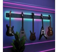 Exhibidor de pared iluminado con LED para múltiples guitarras eléctricas, bajos y acústicas | Vitrina modular retroiluminada con aislamiento acústico | Color: [Azul | 5-Guitars+LED (205x15cm)]