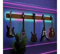 Exhibidor de pared iluminado con LED para múltiples guitarras eléctricas, bajos y acústicas | Vitrina modular retroiluminada con aislamiento acústico | Color: [Dorado | 5-Guitars+LED (205x15cm)]