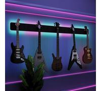 Exhibidor de pared iluminado con LED para múltiples guitarras eléctricas, bajos y acústicas | Vitrina modular retroiluminada con aislamiento acústico | Color: [Negro | 5-Guitars+LED (205x15cm)]