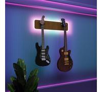 Exhibidor de pared iluminado con LED para múltiples guitarras eléctricas, bajos y acústicas | Vitrina modular retroiluminada con aislamiento acústico | Color: [2-Guitars+LED (70x15cm) | Dorado]