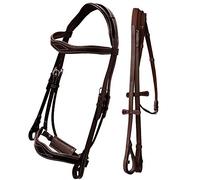 Exion - Brida de doma con corona anatómica mono, banda nasal de manivela, banda para las cejas y riendas de tope de mano para caballos