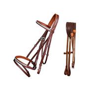 Exion English Brida de salto con flash - Corona forrada suave, banda de cejas con tachuelas SS, banda de nariz de flash, riendas de goma, negro y marrón, cuero curtido vegetal de primera calidad