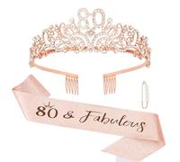 Exipsat Corona de cumpleaños con banda para 80 cumpleaños para mujer 80 y fabuloso juego de fajas y tiara de estrás, tiara para 80 cumpleaños, banda de cumpleaños para mujer, oro rosa, accesorios para