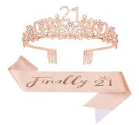 Exipsat Juego de corona y faja de 21 cumpleaños, tiara de diamantes de imitación de oro rosa, banda de 21 pulgadas, accesorios de fiesta para 21 cumpleaños