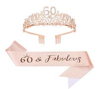 Exipsat Juego de corona y fajín para 60 cumpleaños - Tiara de oro rosa con estrás y banda brillante "60 y fabuloso" - Accesorios de reina de cumpleaños para mujeres decoraciones de fiesta