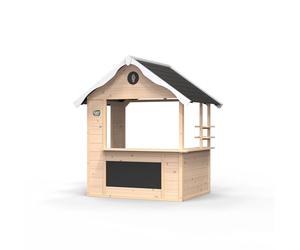 EXIT Toys - Dúplex Hika de madera - Rueda de juego de rol, 8 temas, pizarra negra, buzón - cabaña para niños en el jardín - a partir de 2 años - Cedro - 111 x 140 x 155 cm