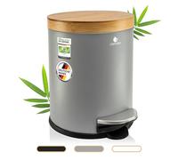 Exitoso Cubo de basura para baño de 5 litros, color gris, con tapa de madera de bambú y dispositivo de descenso automático, con almohadilla antideslizante, cubo de basura para baño de acero inoxidable