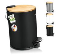 Exitoso Papelera de Baño Negra Mate con Tapa de Madera 3L - Cubo de Basura para Baño Negro Pequeño - Papelera para Baño Pequeña con Tapa y Pedal Papeleras Baño Pequeñas - Cubos de Basura Originales