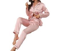 EXKURPOO Coniunto de Pijama de Seda Pijama de satén for Mujer, Conjunto de Dos Piezas con Botones, Manga Larga, Top y pantalón con Solapa y Botones, for Estar en casa otoñal(Pink,XXL)
