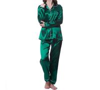 EXKURPOO Coniunto de Pijama de Seda Pijama de satén for Mujer, Conjunto de Dos Piezas con Botones, Manga Larga, Top y pantalón con Solapa y Botones, for Estar en casa otoñal(Green,XXL)
