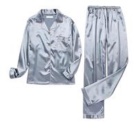EXKURPOO Coniunto de Pijama de Seda Pijama de satén for Mujer, Conjunto de Dos Piezas con Botones, Manga Larga, Top y pantalón con Solapa y Botones, for Estar en casa otoñal(Blue Gray,XXXL)