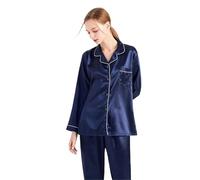 EXKURPOO Coniunto de Pijama de Seda Pijama de satén for Mujer, Conjunto de Dos Piezas con Botones, Manga Larga, Top y pantalón con Solapa y Botones, for Estar en casa otoñal(Blue,4XL)