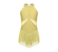 EXKURPOO Maillot Patinaje Artistico Niña Leotardo con Flecos y Diamantes de imitación for niñas, Vestido de Patinaje artístico, Mono con borlas for Gimnasia, Cha-Cha, Tango, Baile Latino(Yellow,12)