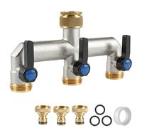 EXLECO Distribuidor de Agua Latón 3 Vías G3/4" con Adaptador 1/2", Llave de Paso Individual por Salida, Mando Metálico, para Grifo Jardín, Lavadora, Manguera, Divisor con Válvula Esfera para Riego