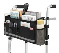 EXLIFBAG Bolsa grande para andar con soporte para vasos, plegable, accesorio para andador, cesta de almacenamiento manos libres, bolsa de accesorios para personas mayores (negro)