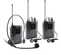 EXMAX UHF-938 UHF - Auriculares inalámbricos de transmisión acústica, sistema de guía de audio de 433 MHz para traducción de la iglesia, enseñanza de viajes, interpretación simultánea (1 transmisor y 2 receptores)