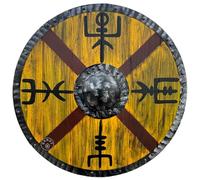 EXNOT Escudo vikingo decorativo para pared, 61 cm, diseño de madera amarilla y marrón, auténtico pelo real, batallas vikingas, 61 cm, hecho a mano, acabado antiguo