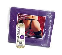 eXODA sábanas sexuales moradas 200x230 cm impermeables con 250 ml de aceite de masaje shiatsu. Sábana de vinilo resistente lavable hasta 30 grados.