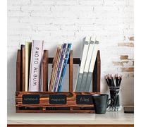 ExoLiry Organizador de documentos de escritorio de madera marrón rústico quemado para oficina, pizarra, etiquetas, carpeta de archivos, clasificador, estante de almacenamiento, múltiples