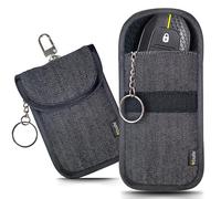 EXOSFER - Bolsa Faraday Antirrobo Coche para Llave Keyless - Bloque Señal RFID - Anti Pirataje Electrónico - Protección Tarjeta Bancaria NFC - Tejido Jeans (2 Fundas Small)
