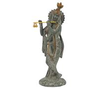 Exotic India Estatua de latón del Señor Krishna de 9 pulgadas tocando la flauta | Ídolo Kanha Ji Murti para habitación Puja, decoración del hogar, oficina, decoración de mesa | Makhan Chor | Laddu