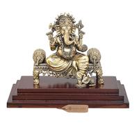 Exotic India Estatua de latón superfina del Señor Ganapati de 9 pulgadas sentada en Asana con base de madera, ídolo Ganesha para habitación Pooja, templo, decoración del hogar, escultura de decoración
