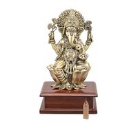 Exotic India Estatua de latón superfina del Señor Ganesha de 7 pulgadas sentada sobre base de madera de loto, ídolo Bhagwan Ganpati para habitación del templo Puja, hogar, oficina, decoración