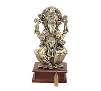 Exotic India Estatua de latón superfina del Señor Ganesha de 9 pulgadas sentada sobre base de madera, ídolo ganpati bendición para habitación Puja, decoración del hogar, oficina, escultura de