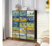 EXOTICA Cómoda grande de 15 cajones Van Gogh alta de tela para dormitorio, sala de estar, entrada, armario con marco de metal resistente y parte superior de madera