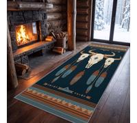Exótico Boho Animal Cráneo de Vaca Rayas Alfombra Corredor Largo 80x240 cm, Tribal Suroeste Alfombra Pasaje Pelo Ras - Lavable Azul Pato Oscuro Corredor de Cocina Antideslizante de Entrada Descenso de