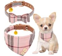 EXPAWLORER Juego de bandana para perro, pajarita clásica a cuadros y collar bandana con piel sintética, collares ajustables para perros pequeños, medianos y grandes, regalo ideal para vacaciones, rosa