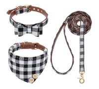EXPAWLORER - Juego de collar y correa, pajarita clásica a cuadros y cuello ancho de camisa, correa sin enredos, ajustable para perros medianos y grandes, regalo ideal para vacaciones, S-L