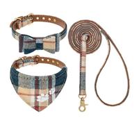 EXPAWLORER Juego de collar y correa para perro - Bordados de huellas de patas a cuadros con moño y bandana, adorable para perros y gatos para caminar al aire libre, caqui M
