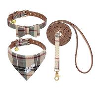 EXPAWLORER Juego de Collar y Correa para Perro, Collar clásico a Cuadros con Pajarita y Bandana para Perro con Bonita Campana, Correa de Perro sin enredos, Collares Ajustables para Cachorros, Perros